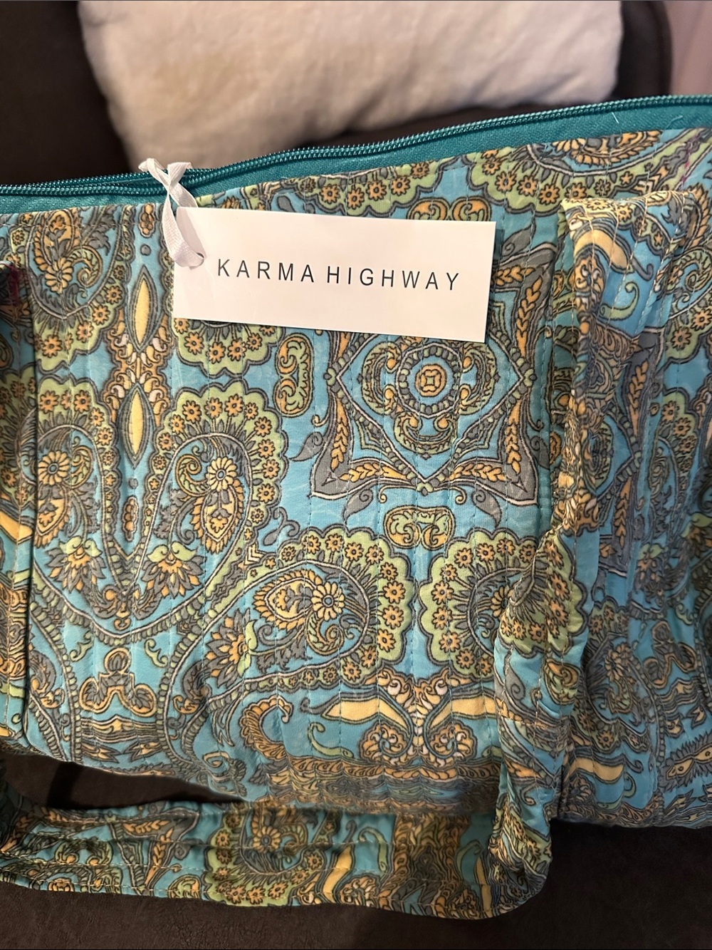 Turquoise Floral Quilted Tote Bag with Patterned Lining they Karma Highway